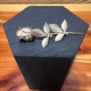 Vtg‎ Gold Tone Giovanni Long Stem Rose 4 Leaf RARE Brooch Pendant Lapel Pin